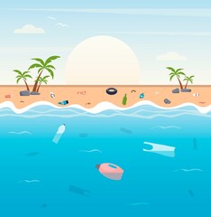 Fototapeta na wymiar Concept of environmental pollution. Plastic garbage on shore and in water. Various garbage on coastline of ocean. Ecological problems. Colorful flat vector illustration.