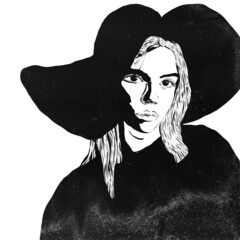 Biało czarna ilustracja portret młoda kobieta w kapeluszu. - obrazy, fototapety, plakaty