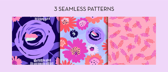 Abstract flowers Seamless Patterns in Pink Purple and Orange