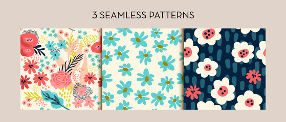 3 seamless flower patterns with red blue and yellow flowers