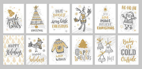 Christmas cards set. Handwritten lettering. Hand drawn cute pictures: Deer, Santa Claus, Bells, Christmas tree isolated on a white background. Vector illustration.