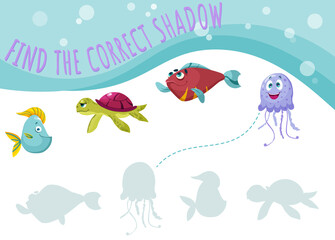 Find the correct shadow, game for kindergarten with funny fish. Cartoon turtle, jellyfish, comic marine animals. Education mini-game for kids. Vector illustration printable worksheet.