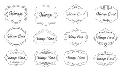 Label set, line style. Contour frame for text, sale info, certificate, blank. Empty sticker template for pack. Outline retro border design. Decorative vintages frames for labels and invitation cards