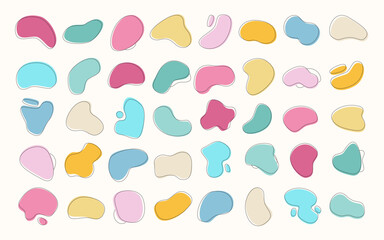Modern graphic blobs elements in pastel tones and editable strokes, line art set. Abstract blotch shape collection. Gradient abstract liquid shapes. Vector illustration.
