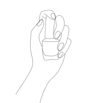 Contour beautiful female hands holding nail polish isolated on white background. Vector hand drawn line art of hands. Decorative cosmetics concept