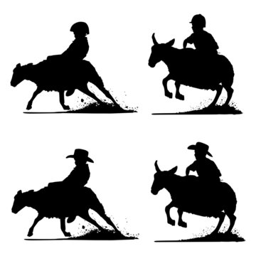 Vector silhouettes of a young child rodeo cowboy riding a bucking sheep. This is a rodeo event called mutton busting.