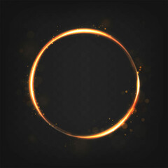 Vector illustration. Golden fire circle with glare and sparcles on dark background.