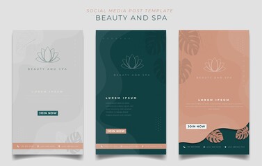 Set of social media post template in feminine background design for spa advertisement