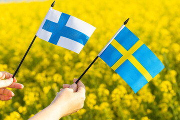 A woman holds the flags of Finland and Sweden in her hands, the Concept of the Alliance and the...