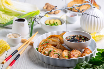 Traditional Japanese gyoza dumplings.