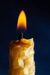 a yellow candle with a honeycomb texture burns on a dark background
