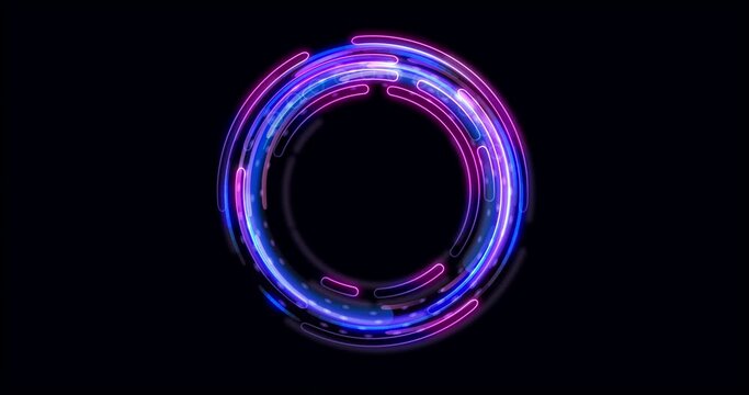 Render Neon circle rotation of frame with shining effects on dark background. Video animation Empty purple glowing techno backdrop. Round motion frame