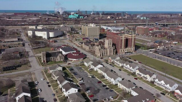 Afternoon aerial view of downtown Gary, Indiana, USA.