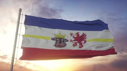 Mecklenburg-Western Pomerania flag, Germany, waving in the wind, sky and sun background. 3d rendering
