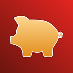 Pig money bank sign. Golden gradient Icon with contours on redish Background. Illustration.