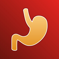 Human anatomy. Stomach sign. Golden gradient Icon with contours on redish Background. Illustration.