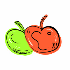 Green and red doodle apples doodle illustration. Fresh tasty fruit. Organic food colourful icon on white background.