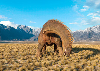 alamosaurus is eating in the plains and mountains front view © DM7