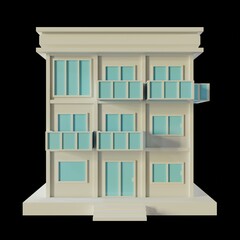 White House, modern style, 3-floor model. Architecture Made from paper, low poly front 3d rendering. Blue windows and doors.