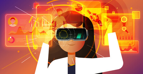 Ilustración de un doctor usando realidad virtual para asistir pacientes distancia, usando el metaverso y tecnología de salud de alta gama. - obrazy, fototapety, plakaty