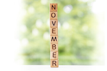 The word November on wooden cubes. They lie on other cubes against the backdrop of the summer garden. Month of year