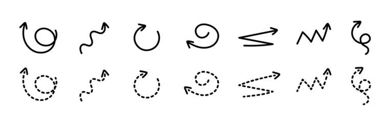 Black curly arrows isolated on a transparent background. Arrows of various shapes. Vector clipart. Arrow set.