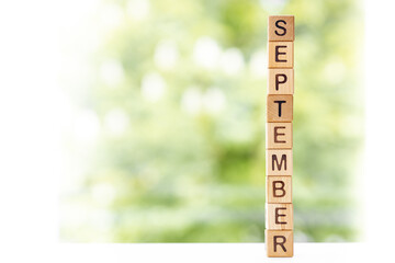The word September on wooden cubes. They lie on other cubes against the backdrop of the summer...