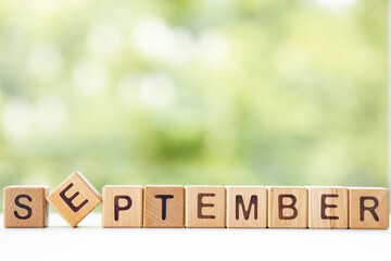 The word September on wooden cubes. They lie on other cubes against the backdrop of the summer garden. Month of year - obrazy, fototapety, plakaty
