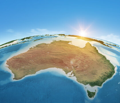 Physical map of Planet Earth, focused on Australia. Satellite view, sun shining on the horizon. 3D illustration - Elements of this image furnished by NASA
