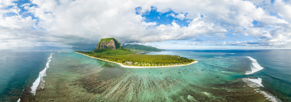 Aerial view of Mauritius island and lagoon