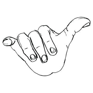 Human hand in shaka sign or hang loose gesture. Call me symbol.  Hawaiian surfer greeting. Hand drawn linear doodle rough sketch. 
Black silhouette on white background.
