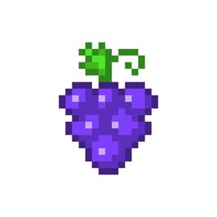 Bunch of purple pixelated grapes. Ripe blue berries on cut green stem. Sweet summer dessert and element for making wine and 8bit vector game
