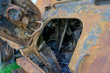 Russian destroyed military equipment in the war with Ukraine. Broken tanks, combat vehicles and other burnt military equipment of the Russian invaders in the Kyiv region, Ukraine