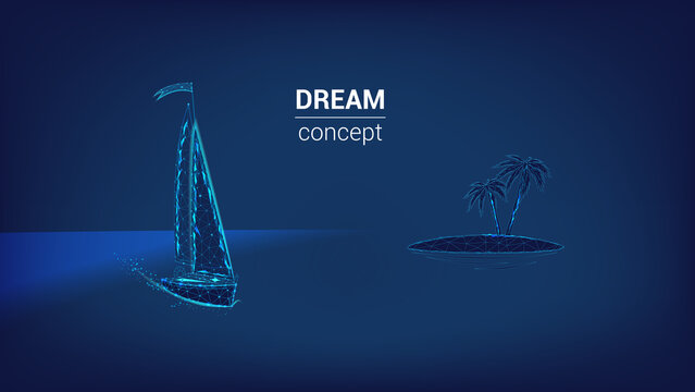 Yacht and two palm trees on an islet from polygons and points. Dream concept or Concept of vacation, trip, travel or tourism.