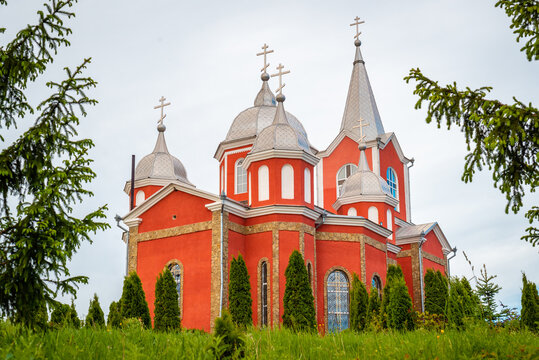 Orthodox church painted in red . Monastery of village Zloti, Causeni from Moldova, monastery