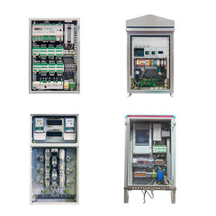 four electrical control cabinets of various designs and purposes, isolated on white background