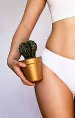 Fotobehang The girl holds a large cactus in the groin or bikini area. The concept of intimate hygiene, epilation and depilation, deep bikini shaving © Mykola