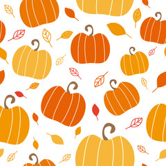 Seamless autumn pattern with pumpkin and leaves. Vector illustration.