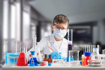 Science children education in chemistry lab. Kids or students with test tube making experiment at school laboratory