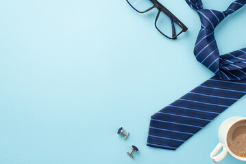 Father's Day concept. Top view photo of cup of coffee glasses cufflinks and blue necktie on isolated pastel blue background with copyspace - obrazy, fototapety, plakaty