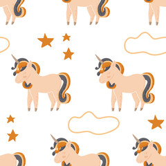 Cute hand-drawn childish seamless pattern with a kind unicorn in cartoon style on a white background. Vector illustration. Design of textiles, children's clothing, bed linen, gift wrapping.