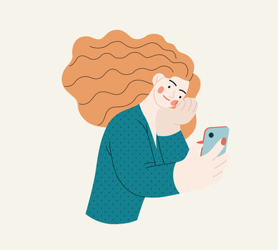 People portrait - Taking photos -Modern flat vector concept illustration of a young woman taking photo with a phone, half-length portrait, user avatar. Creative landing web page illustartion