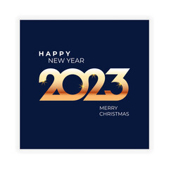 Happy New year 2023 poster with golden text on black background. Vector poster, banner, cover for celebration Chrismas and New year