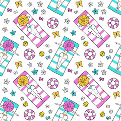 girls sunbathing on the beach. summer vacation. the holiday season. the girl in the hat. seamless pattern. a sunny day. linear vector drawing.