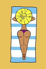 a girl relaxing on the beach. the girl in the hat is lying on the sand. summer vacation. bright vector illustration.
