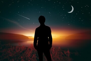 Silhouette man observing evening sky with stars and Moon.