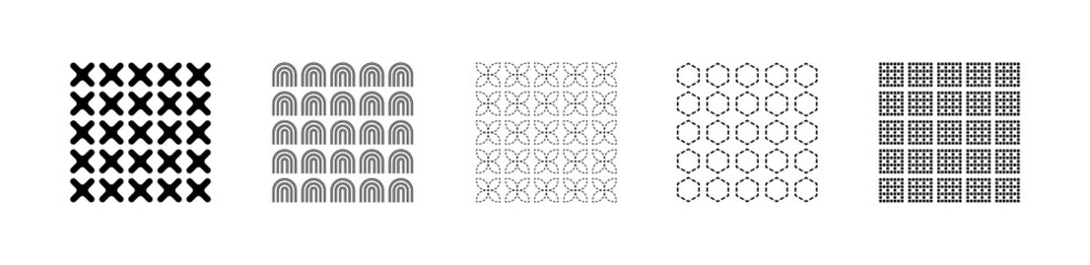 Set of various geometric black and white shapes on a white background. Square groups of patterns from simple shapes for design decoration. Crosses, petals, arches, hexagon with dots. Vector eps. - 505775387