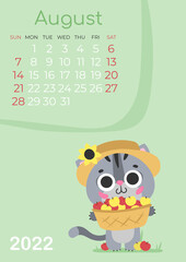 Calendar of 2022 year, August with cute gray kitty, cat in straw hat, with harvest of apples in a basket and grass on green background. Vector illustration for postcard, banner, web, design, arts.