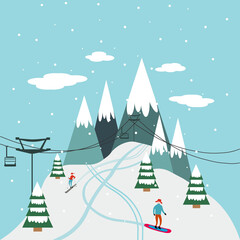 Ski resort banner illustration with ski lift and skiers. Sportsmans slide down the slopes. Skiing jpg in the mountains. image jpeg illustration.
 - obrazy, fototapety, plakaty