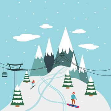 Ski resort banner illustration with ski lift and skiers. Sportsmans slide down the slopes. Skiing jpg in the mountains. image jpeg illustration.
